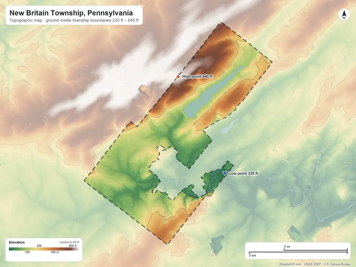 Topographic elevation map of New Britain Township, Pennsylvania, shaded from 220 ft on the east side to 640 ft on the north side