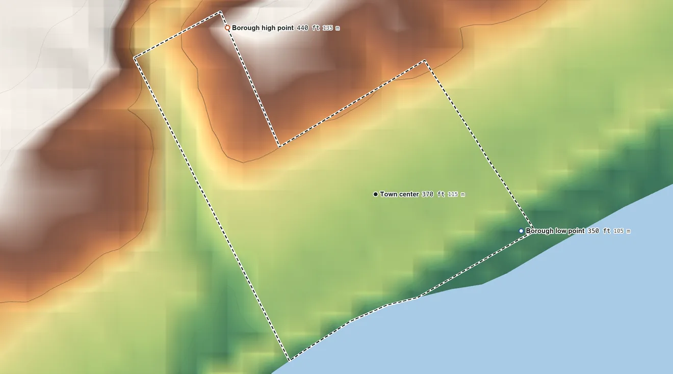 Topographic elevation map of New Buffalo, Pennsylvania, shaded from 350 ft on the east side to 440 ft on the northwest side
