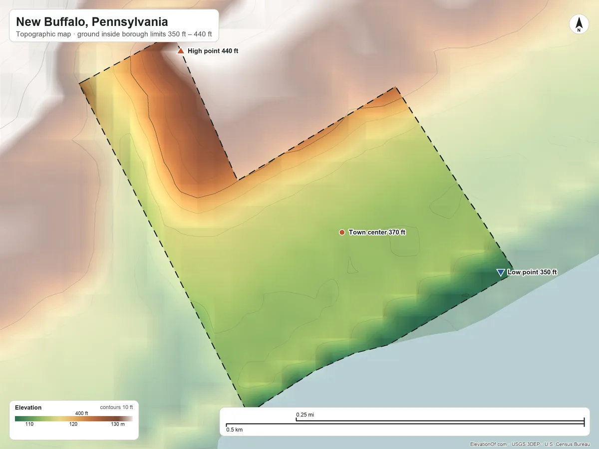 Topographic elevation map of New Buffalo, Pennsylvania, shaded from 350 ft on the east side to 440 ft on the northwest side