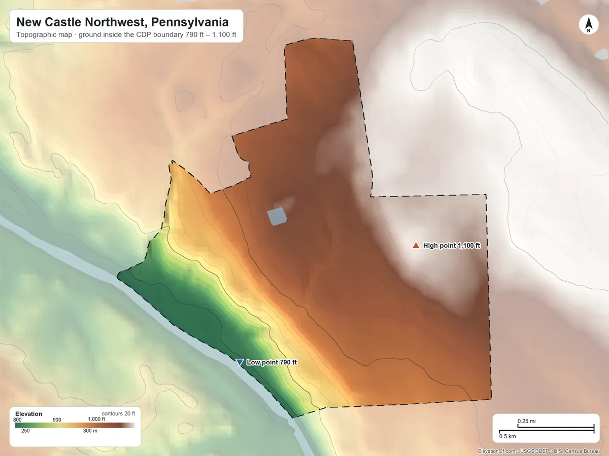 Topographic elevation map of New Castle Northwest, Pennsylvania, shaded from 790 ft on the southwest side to 1,100 ft near the middle