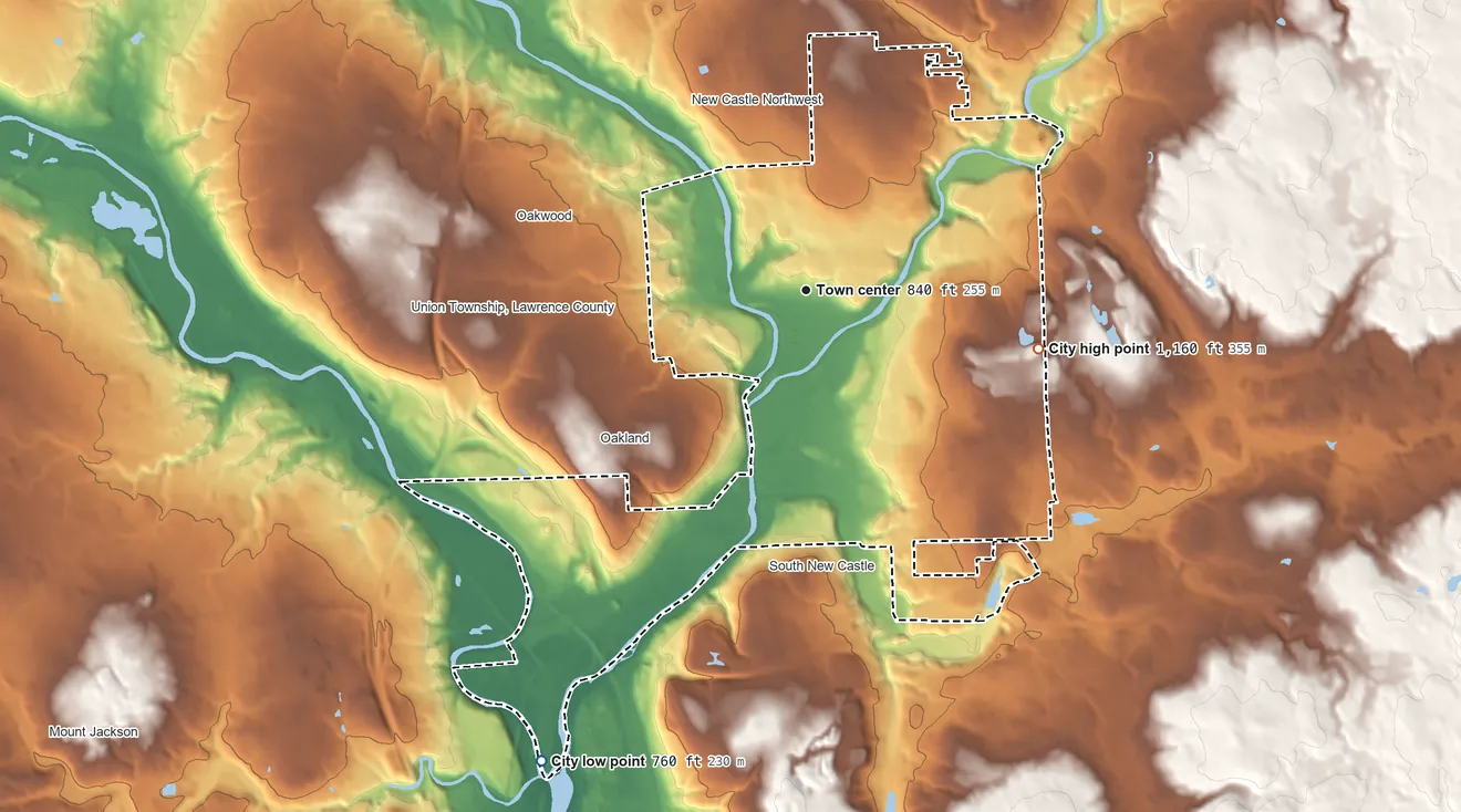 Topographic elevation map of New Castle, Pennsylvania, shaded from 760 ft on the southwest side to 1,160 ft on the east side