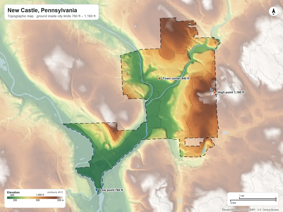 Topographic elevation map of New Castle, Pennsylvania, shaded from 760 ft on the southwest side to 1,160 ft on the east side