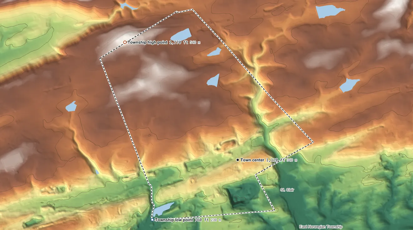 Topographic elevation map of New Castle Township, Pennsylvania, shaded from 760 ft on the southwest side to 1,770 ft on the northwest side