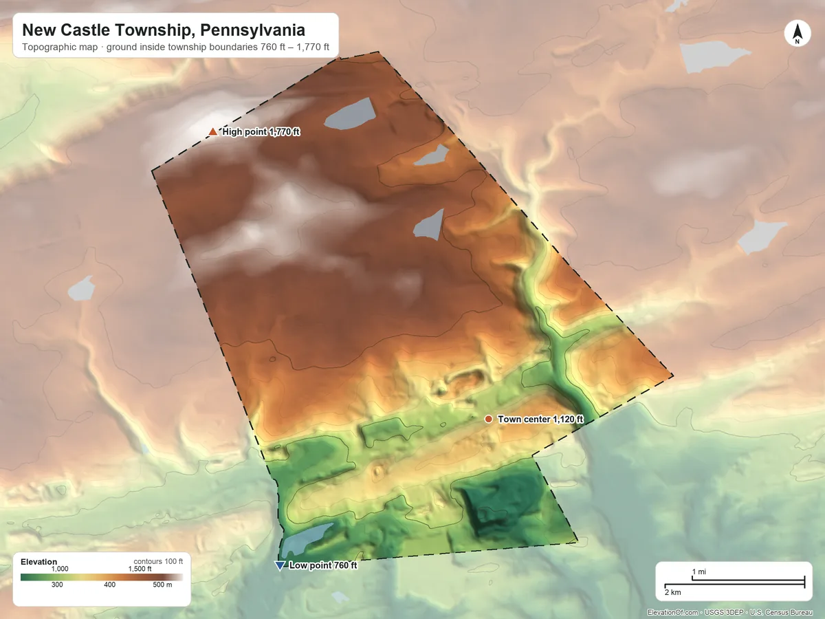 Topographic elevation map of New Castle Township, Pennsylvania, shaded from 760 ft on the southwest side to 1,770 ft on the northwest side