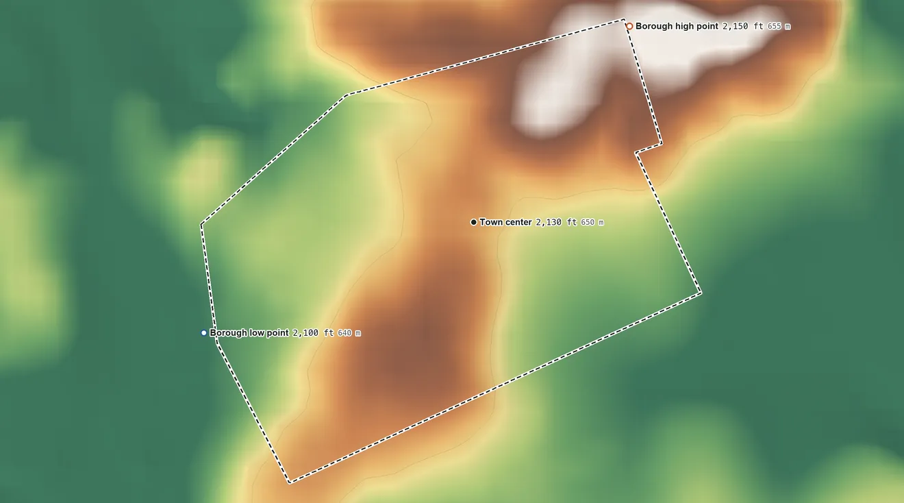 Topographic elevation map of New Centerville, Pennsylvania, shaded from 2,100 ft on the west side to 2,150 ft on the northeast side