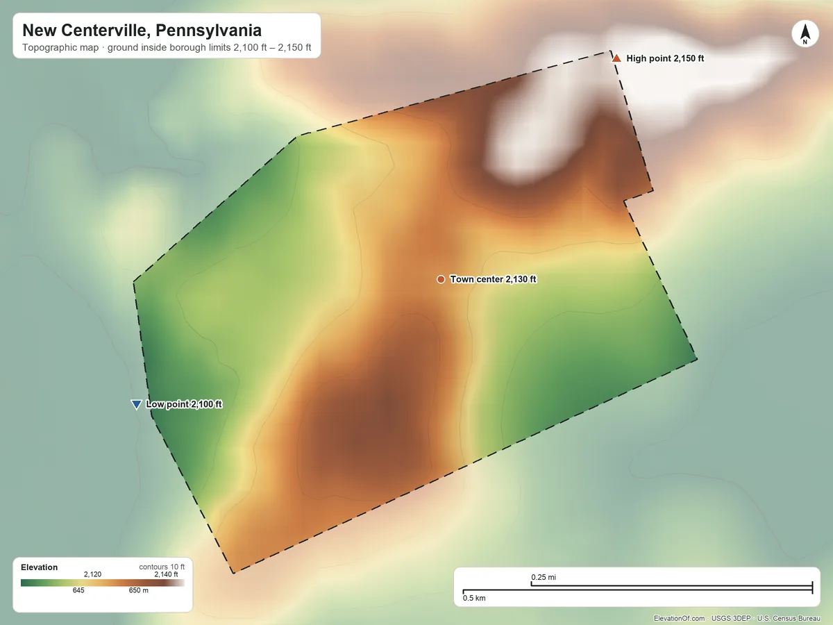 Topographic elevation map of New Centerville, Pennsylvania, shaded from 2,100 ft on the west side to 2,150 ft on the northeast side