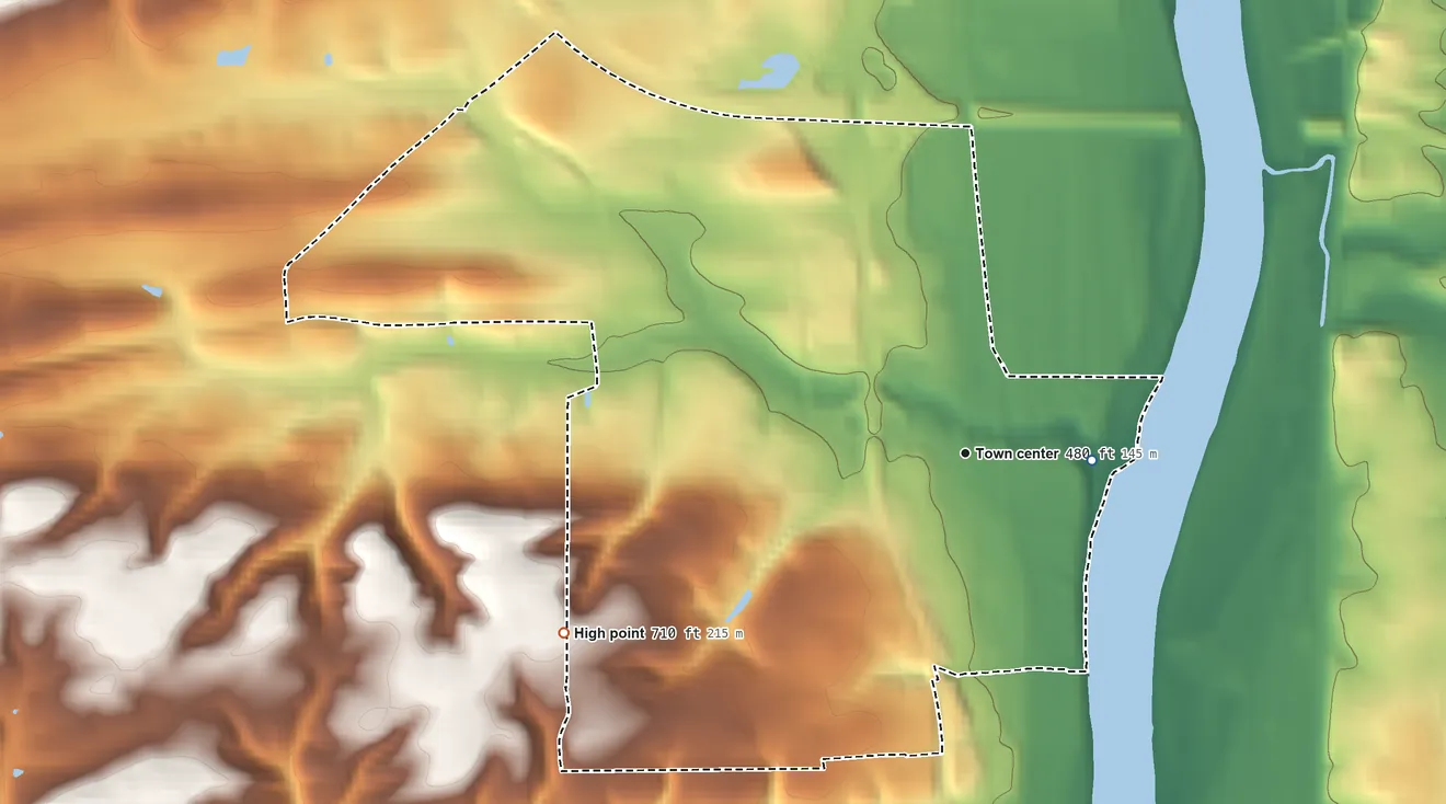 Topographic elevation map of New Columbia, Pennsylvania, shaded from 440 ft on the east side to 710 ft on the southwest side