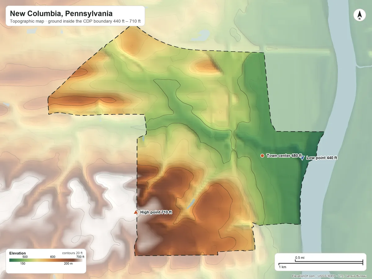 Topographic elevation map of New Columbia, Pennsylvania, shaded from 440 ft on the east side to 710 ft on the southwest side