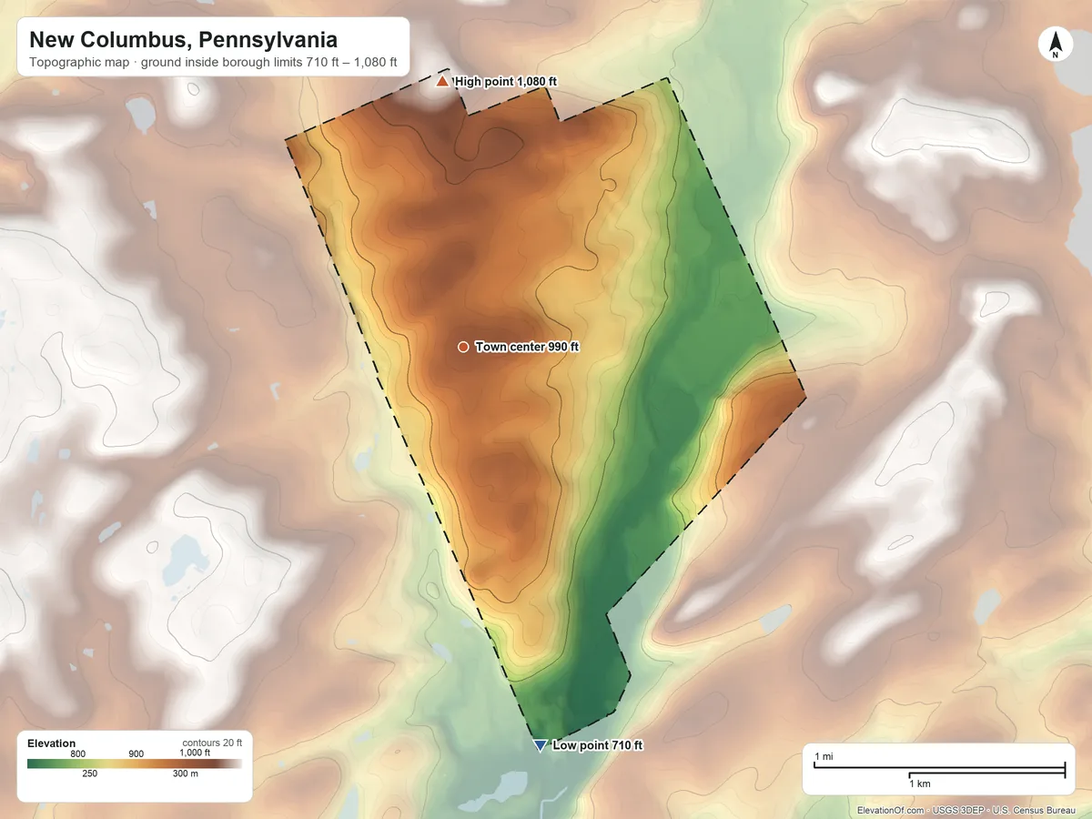 Topographic elevation map of New Columbus, Pennsylvania, shaded from 710 ft on the south side to 1,080 ft on the north side