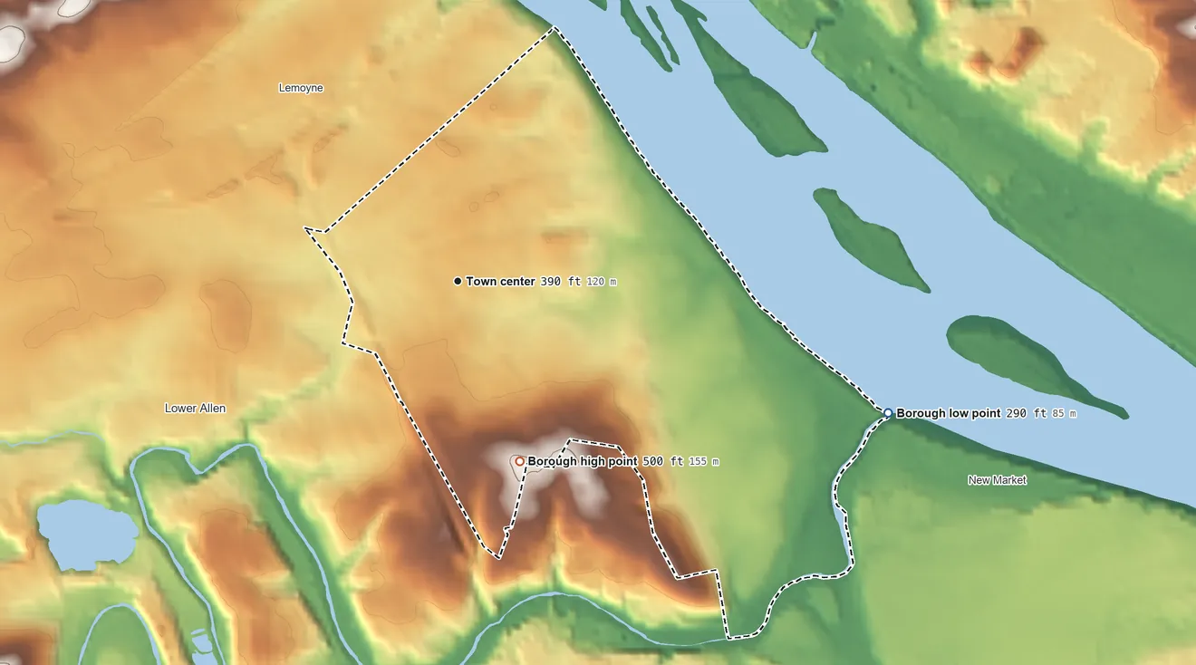 Topographic elevation map of New Cumberland, Pennsylvania, shaded from 290 ft on the east side to 500 ft on the south side