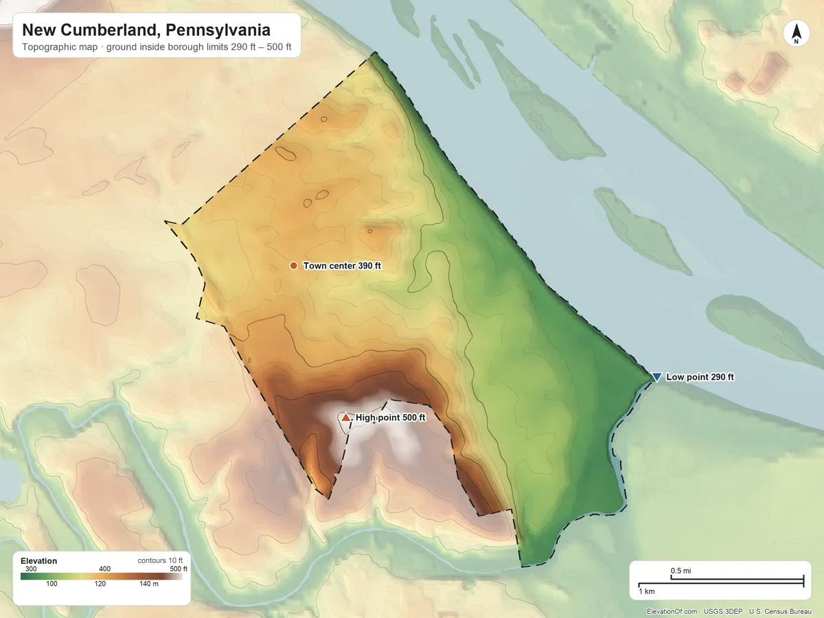 Topographic elevation map of New Cumberland, Pennsylvania, shaded from 290 ft on the east side to 500 ft on the south side