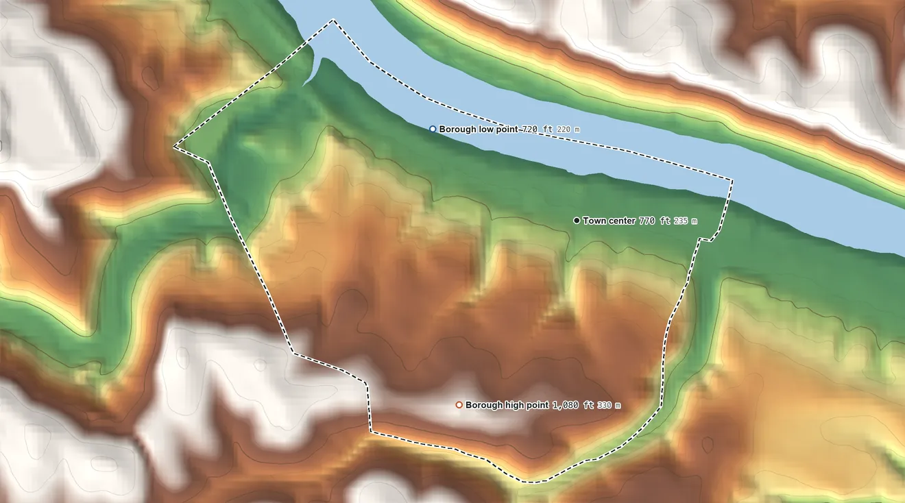 Topographic elevation map of New Eagle, Pennsylvania, shaded from 720 ft on the northwest side to 1,080 ft on the southwest side