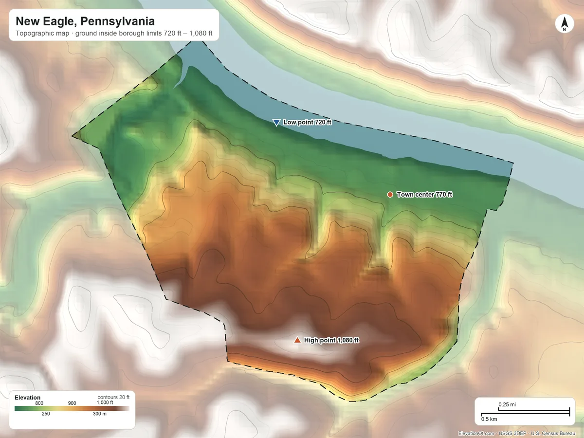 Topographic elevation map of New Eagle, Pennsylvania, shaded from 720 ft on the northwest side to 1,080 ft on the southwest side