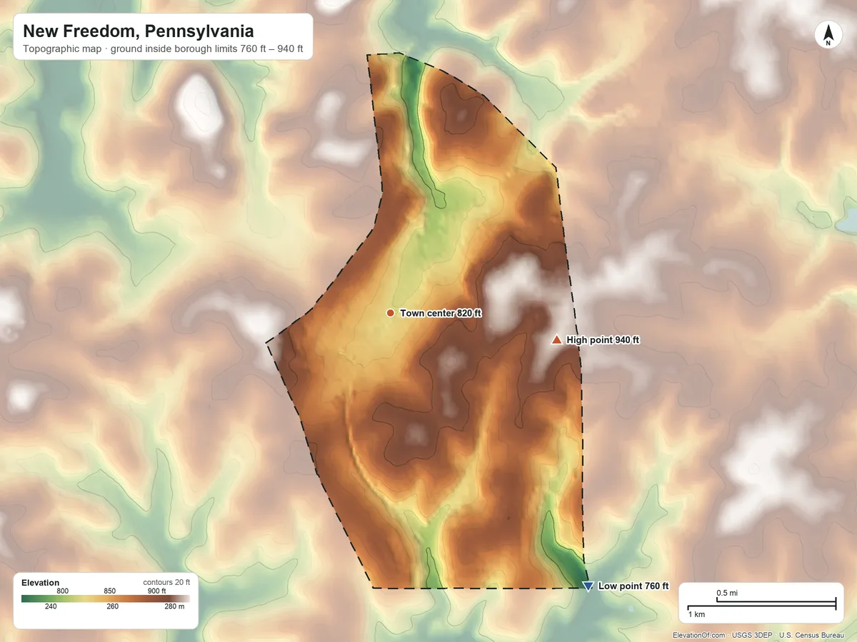 Topographic elevation map of New Freedom, Pennsylvania, shaded from 760 ft on the southeast side to 940 ft on the east side