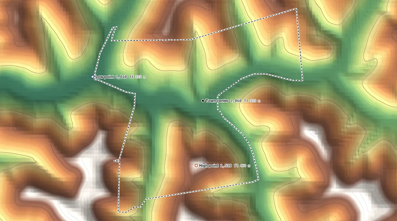 Topographic elevation map of New Freeport, Pennsylvania, shaded from 1,040 ft on the west side to 1,510 ft on the south side