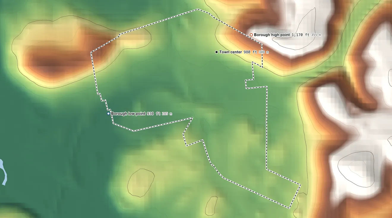 Topographic elevation map of New Galilee, Pennsylvania, shaded from 930 ft on the southwest side to 1,170 ft on the northeast side