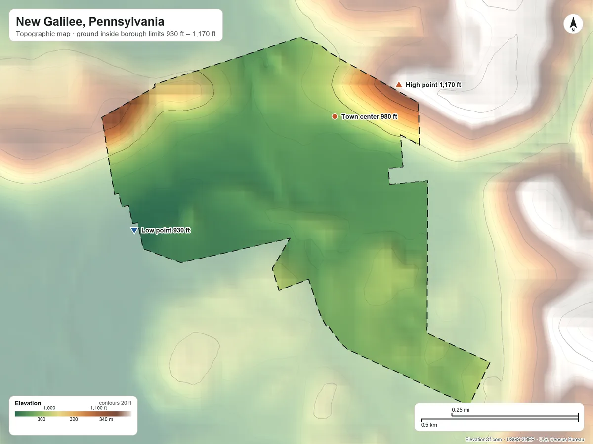 Topographic elevation map of New Galilee, Pennsylvania, shaded from 930 ft on the southwest side to 1,170 ft on the northeast side