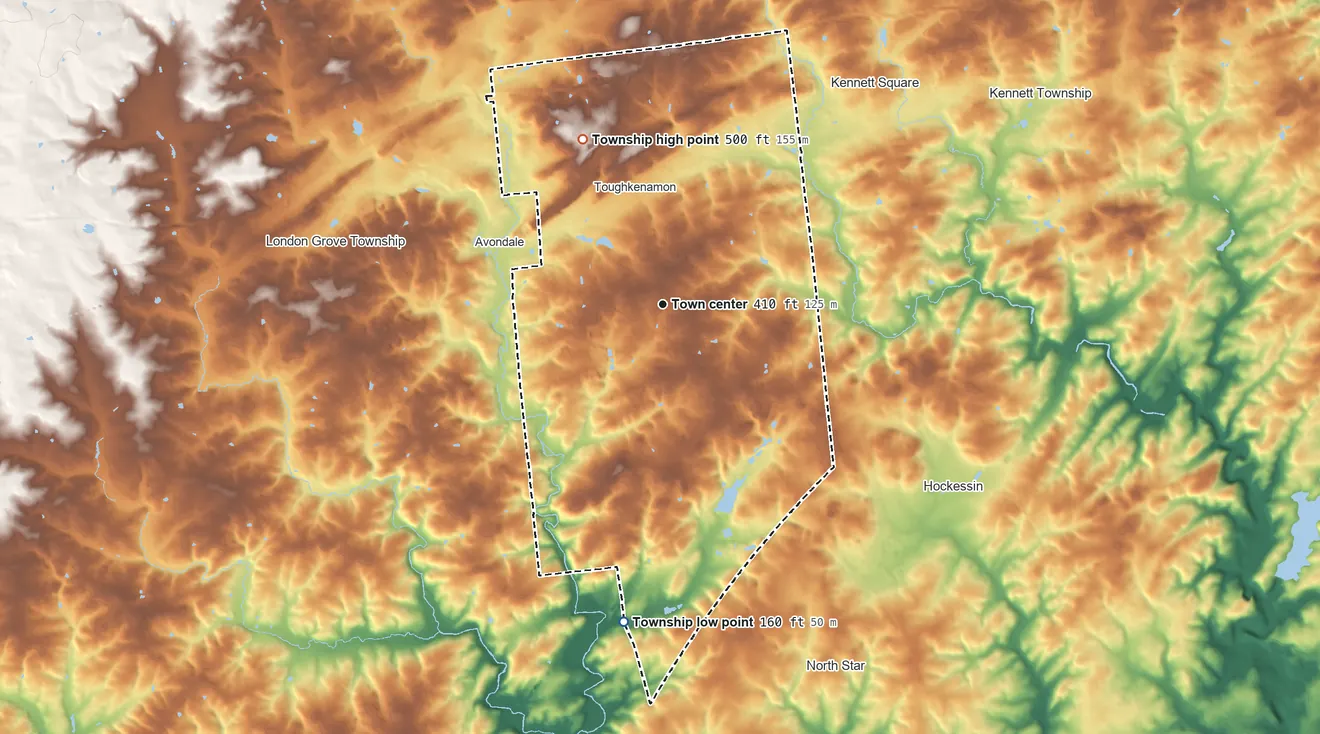 Topographic elevation map of New Garden Township, Pennsylvania, shaded from 160 ft on the south side to 500 ft on the northwest side