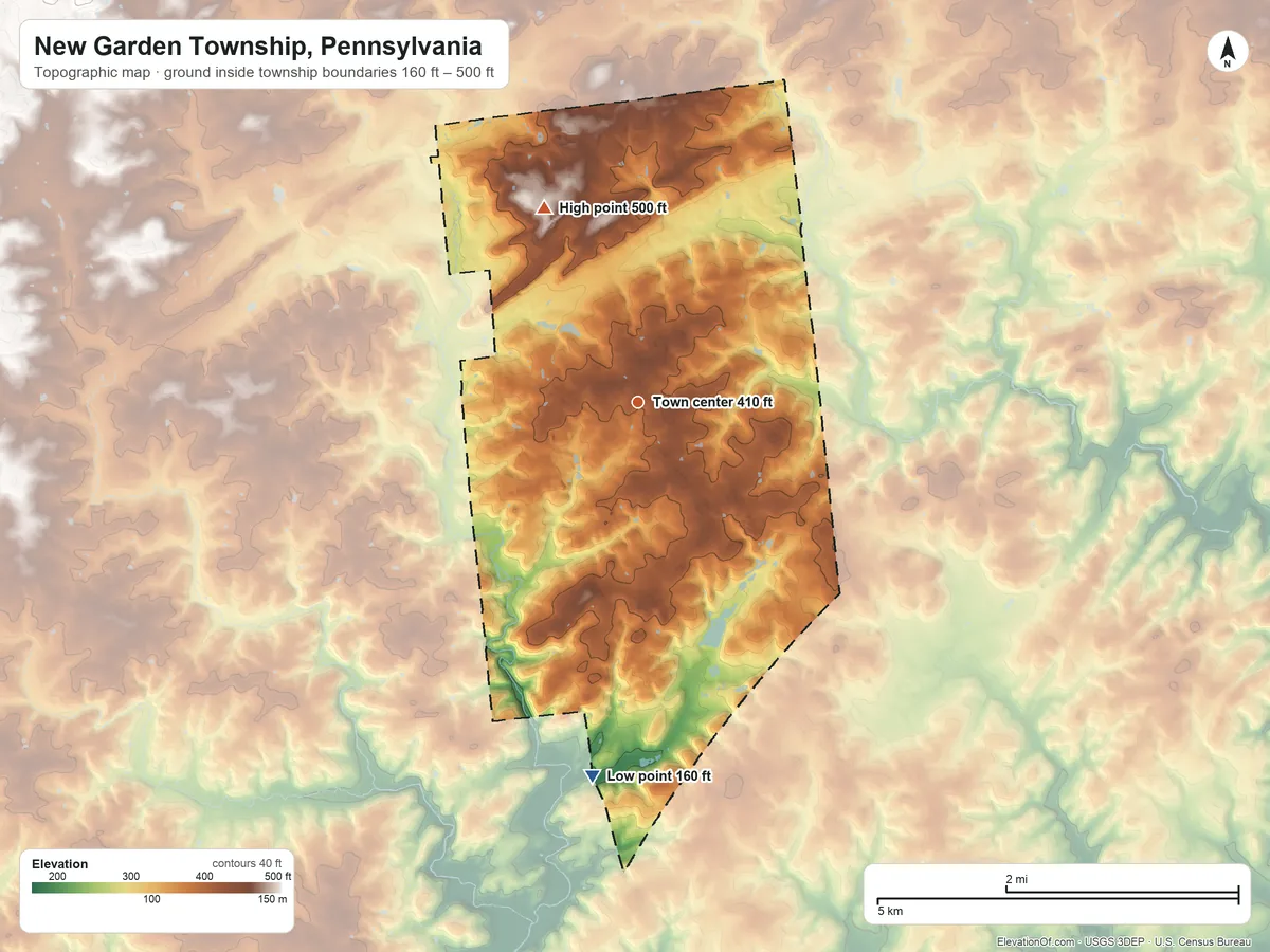 Topographic elevation map of New Garden Township, Pennsylvania, shaded from 160 ft on the south side to 500 ft on the northwest side