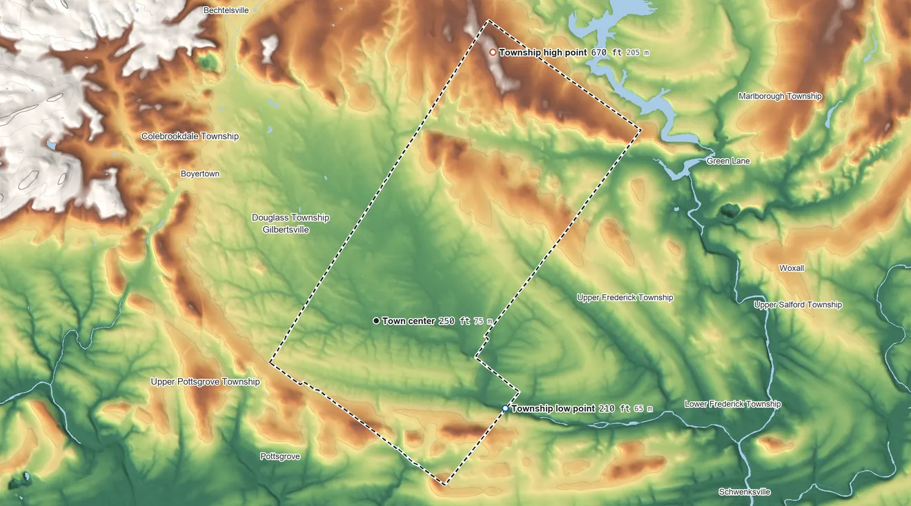 Topographic elevation map of New Hanover Township, Pennsylvania, shaded from 210 ft on the southeast side to 670 ft on the northeast side