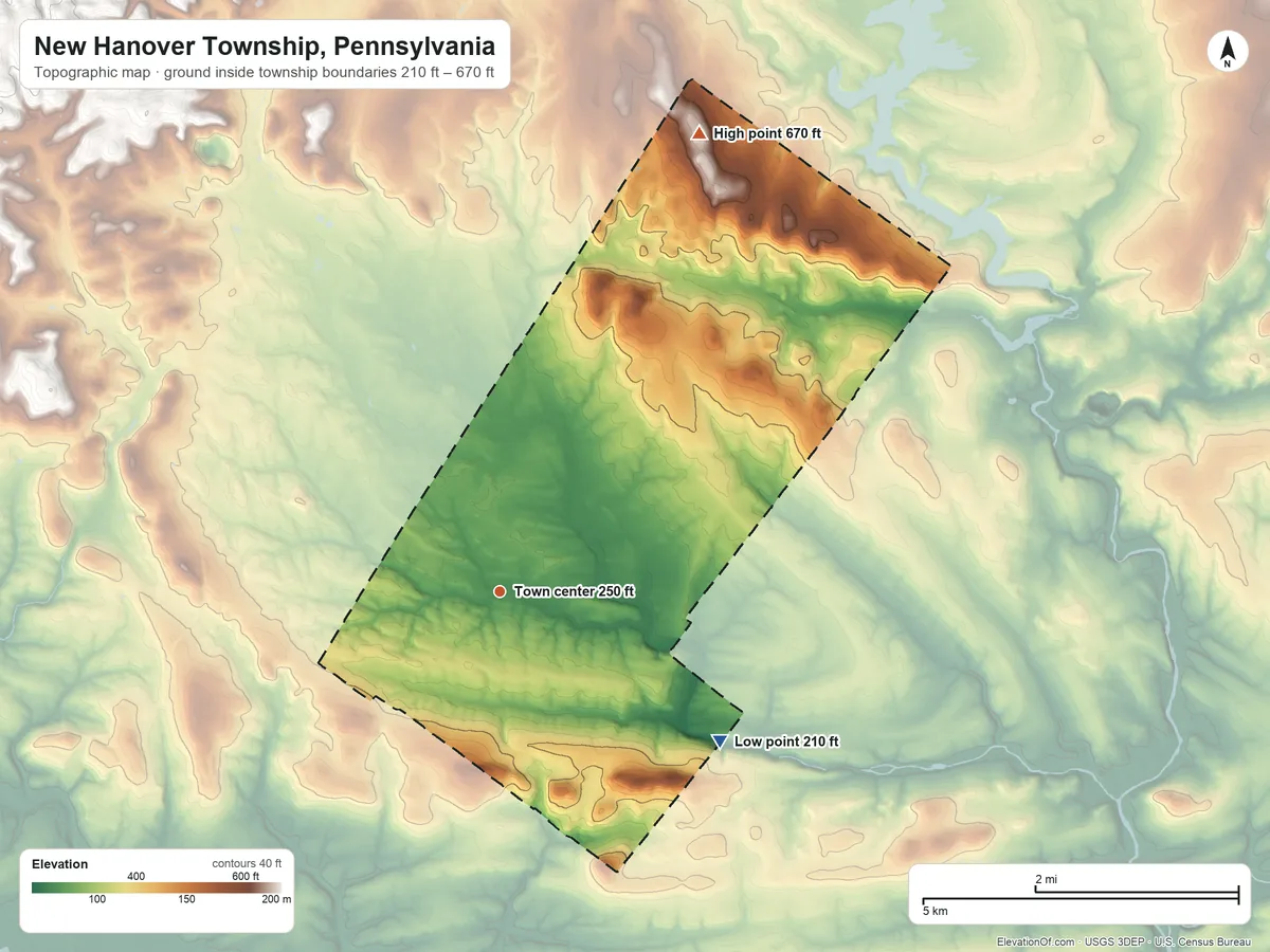 Topographic elevation map of New Hanover Township, Pennsylvania, shaded from 210 ft on the southeast side to 670 ft on the northeast side