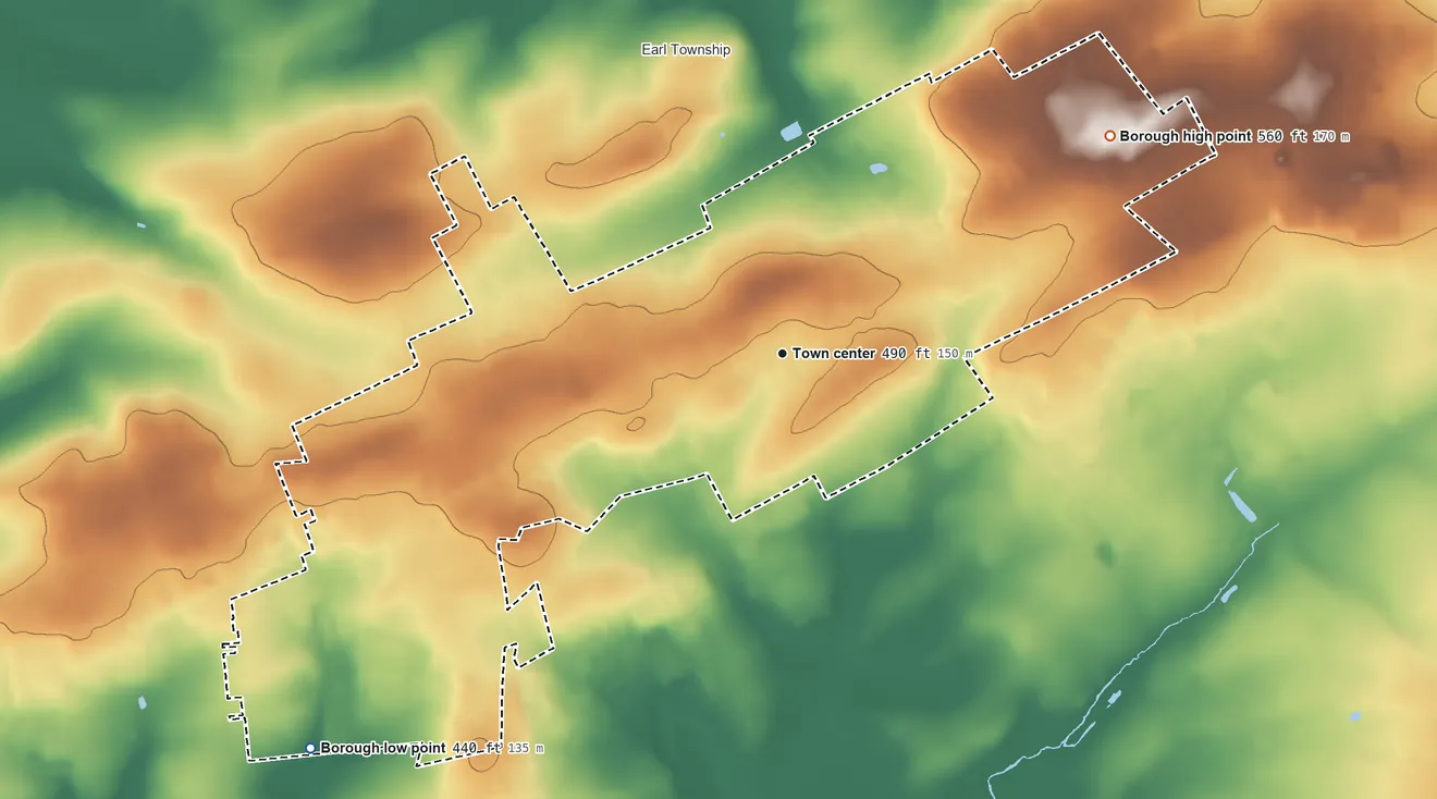 Topographic elevation map of New Holland, Pennsylvania, shaded from 440 ft on the southwest side to 560 ft on the northeast side