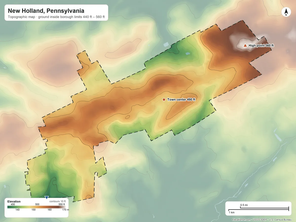 Topographic elevation map of New Holland, Pennsylvania, shaded from 440 ft on the southwest side to 560 ft on the northeast side