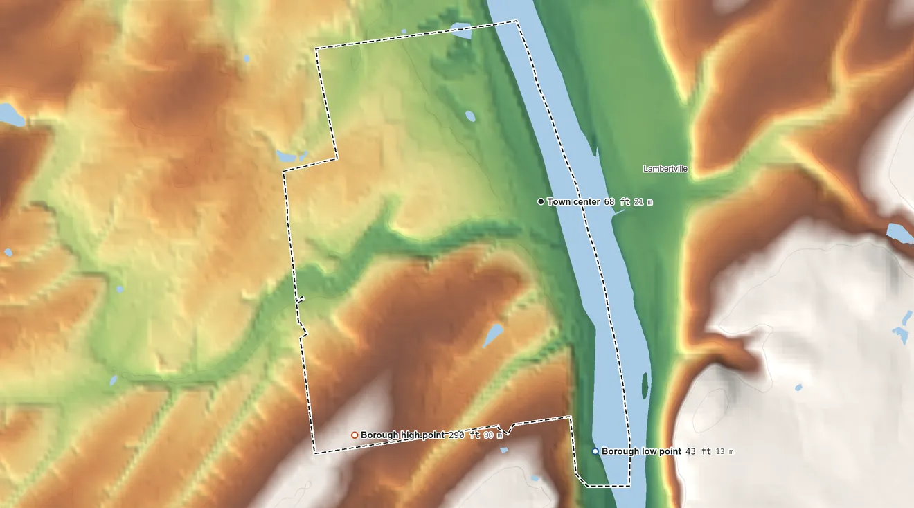 Topographic elevation map of New Hope, Pennsylvania, shaded from 43 ft on the south side to 290 ft on the southwest side