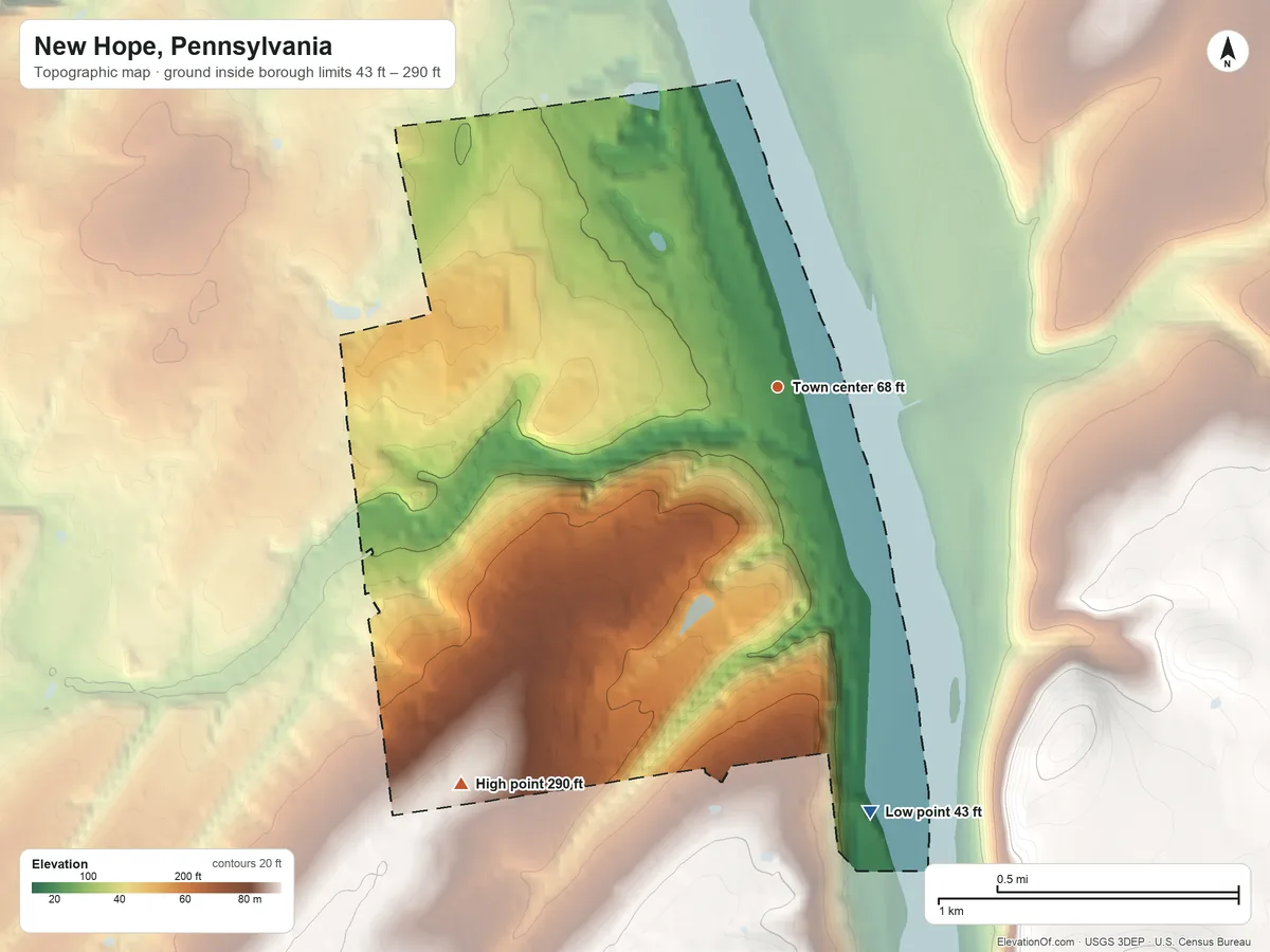 Topographic elevation map of New Hope, Pennsylvania, shaded from 43 ft on the south side to 290 ft on the southwest side