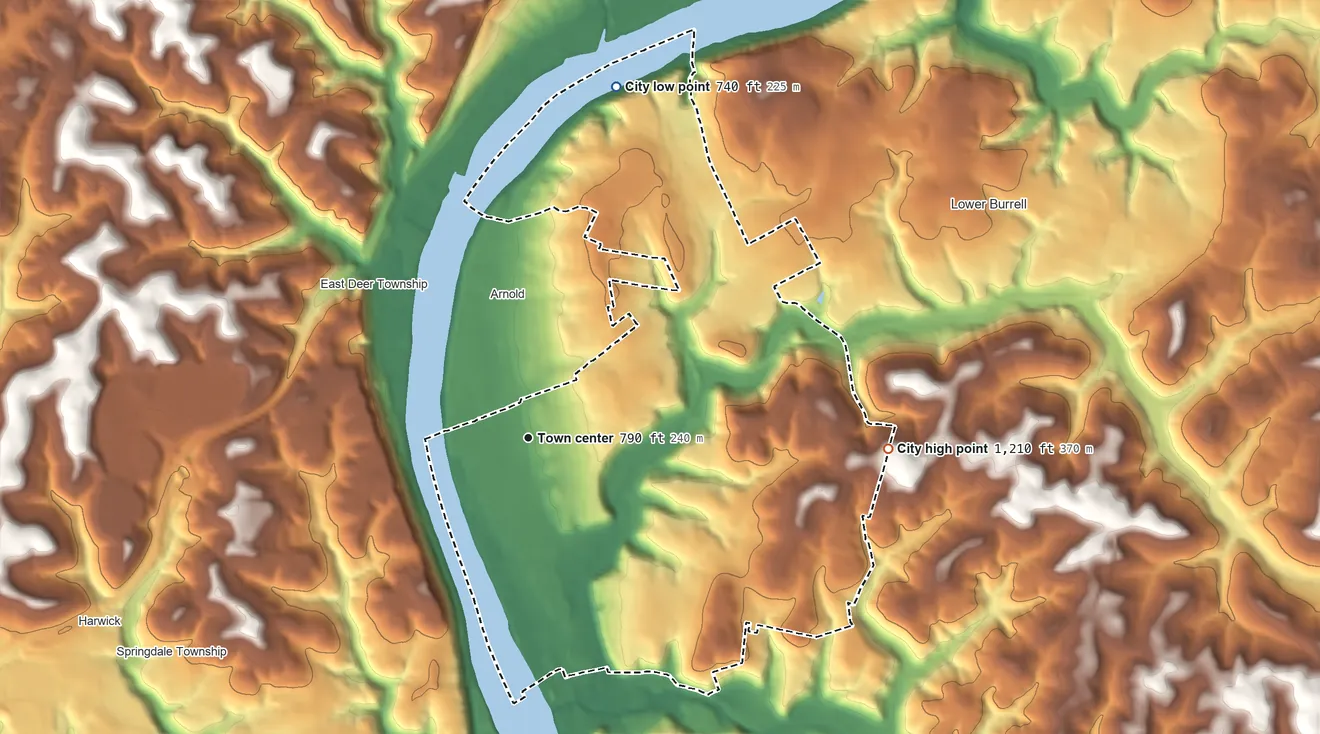 Topographic elevation map of New Kensington, Pennsylvania, shaded from 740 ft on the north side to 1,210 ft on the east side