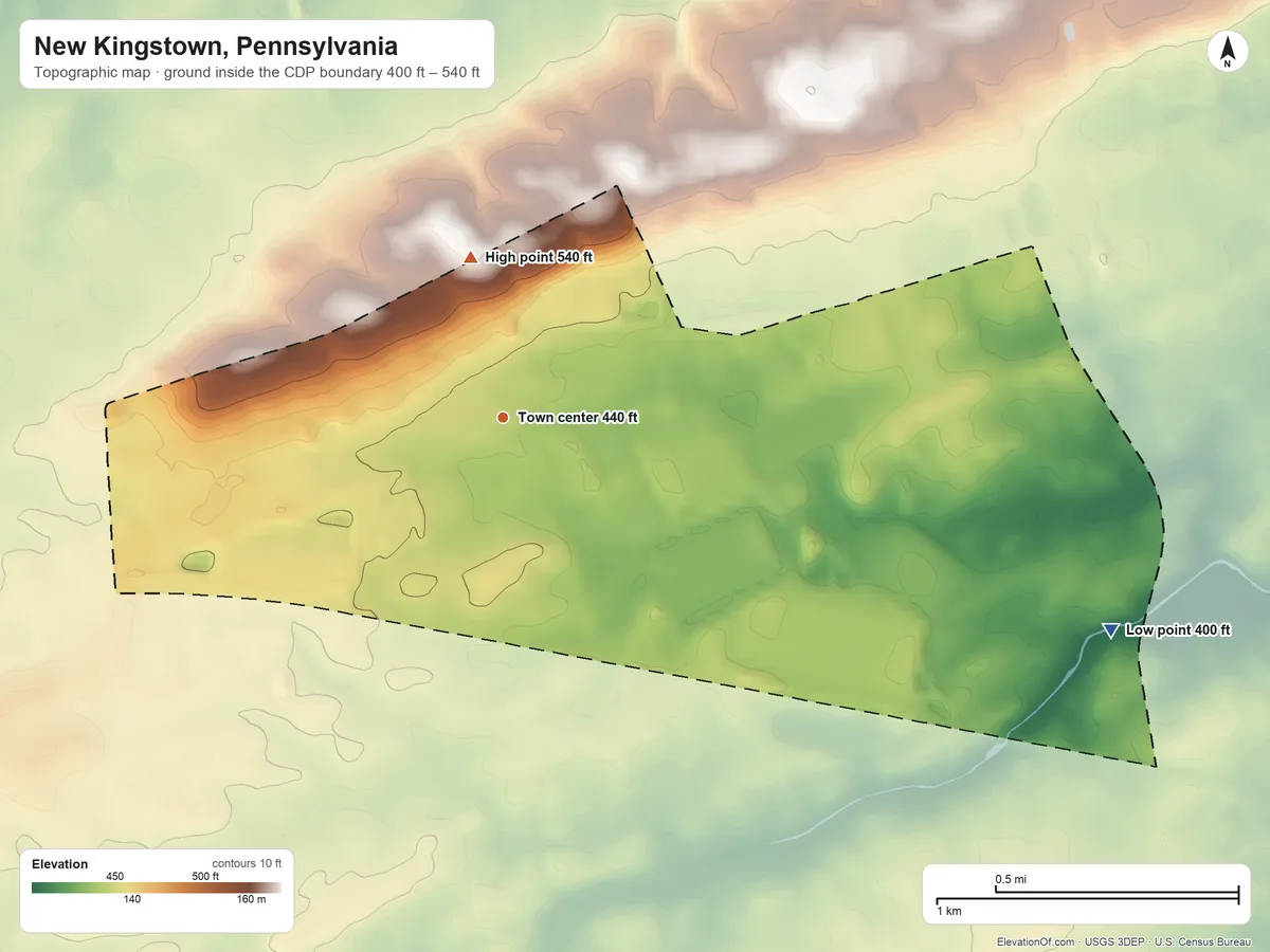 Topographic elevation map of New Kingstown, Pennsylvania, shaded from 400 ft on the east side to 540 ft on the north side