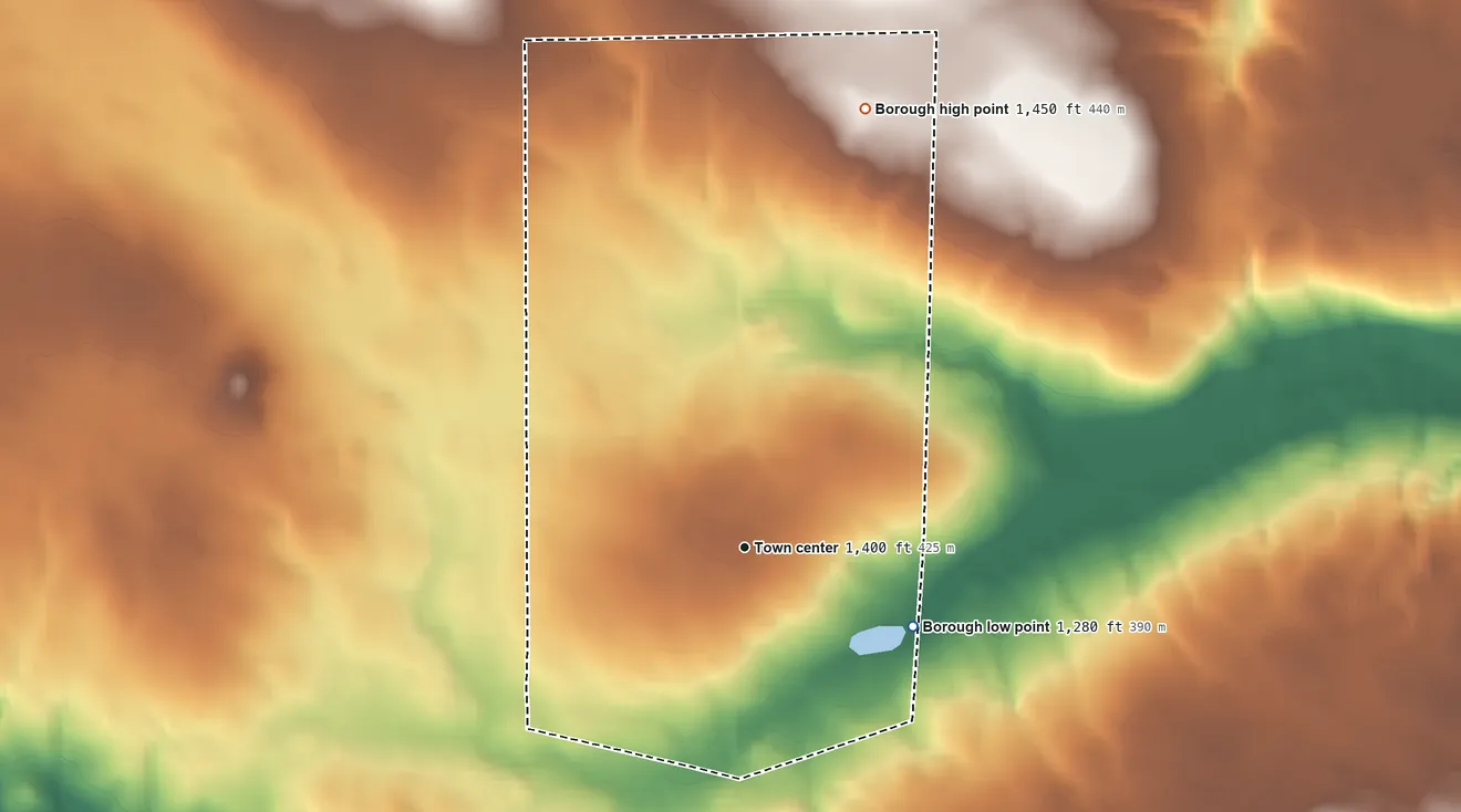 Topographic elevation map of New Lebanon, Pennsylvania, shaded from 1,280 ft on the southeast side to 1,450 ft on the north side