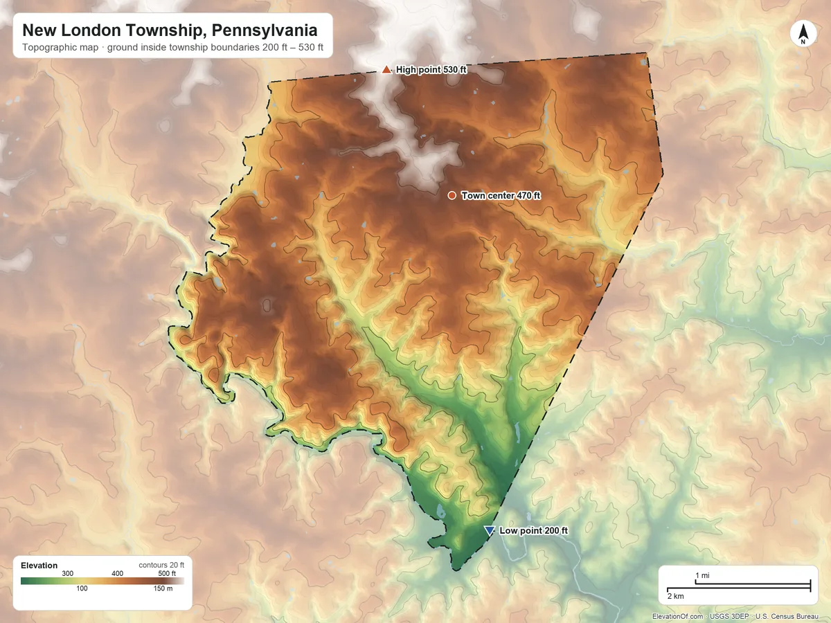 Topographic elevation map of New London Township, Pennsylvania, shaded from 200 ft on the south side to 530 ft on the northwest side