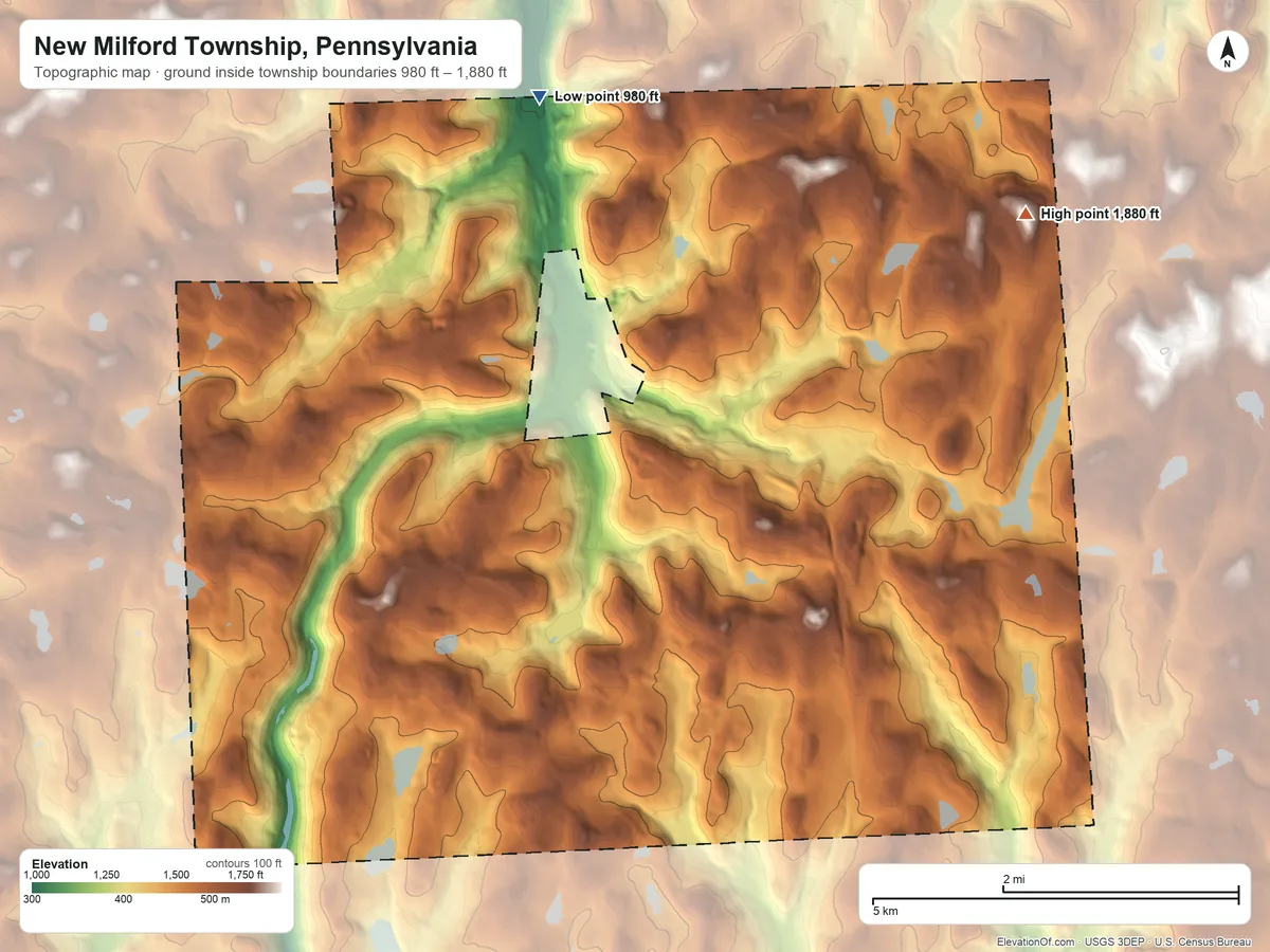Topographic elevation map of New Milford Township, Pennsylvania, shaded from 980 ft on the northwest side to 1,880 ft on the northeast side
