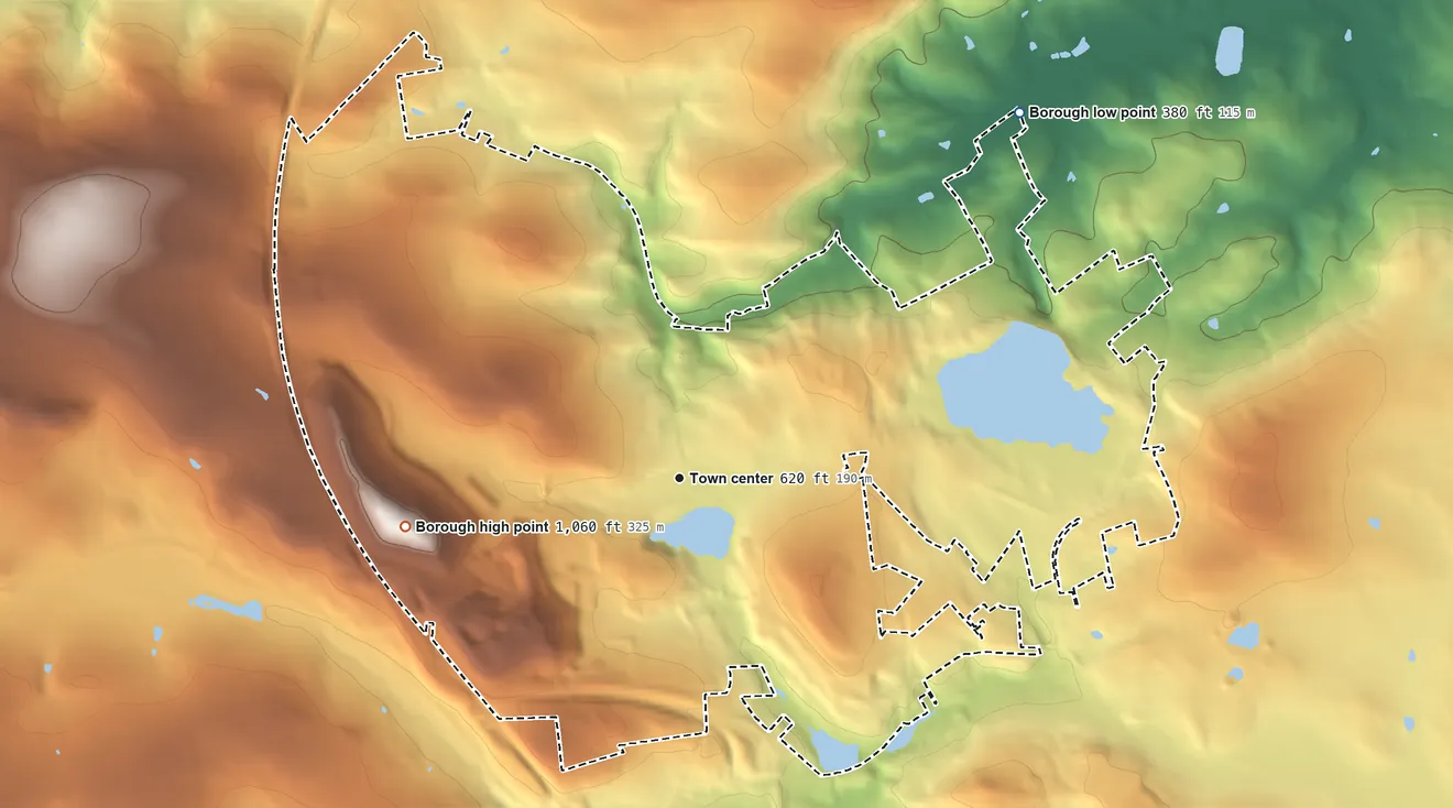 Topographic elevation map of New Morgan, Pennsylvania, shaded from 380 ft on the northeast side to 1,060 ft on the west side