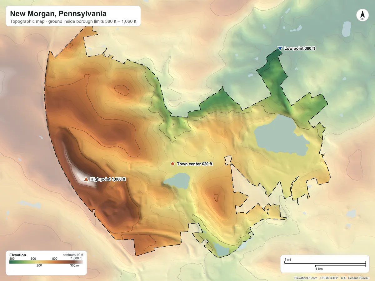 Topographic elevation map of New Morgan, Pennsylvania, shaded from 380 ft on the northeast side to 1,060 ft on the west side