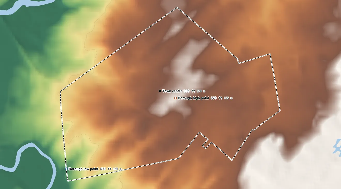 Topographic elevation map of New Oxford, Pennsylvania, shaded from 490 ft on the southwest side to 570 ft near the middle
