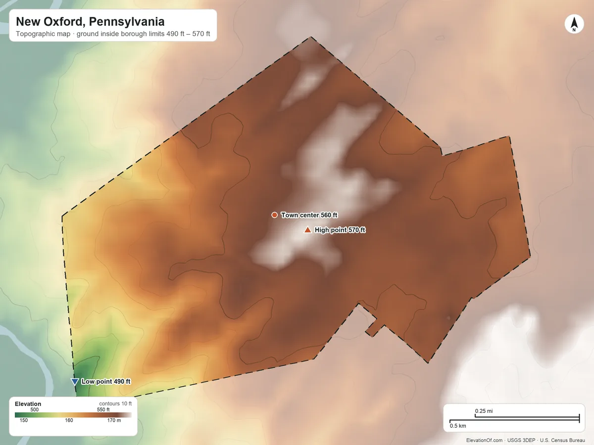 Topographic elevation map of New Oxford, Pennsylvania, shaded from 490 ft on the southwest side to 570 ft near the middle