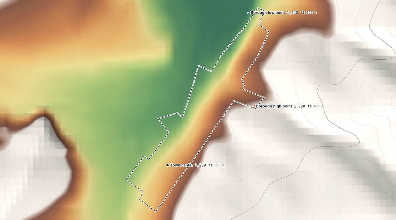 Topographic elevation map of New Paris, Pennsylvania, shaded from 1,240 ft on the northeast side to 1,320 ft on the northeast edge, below higher ground just outside