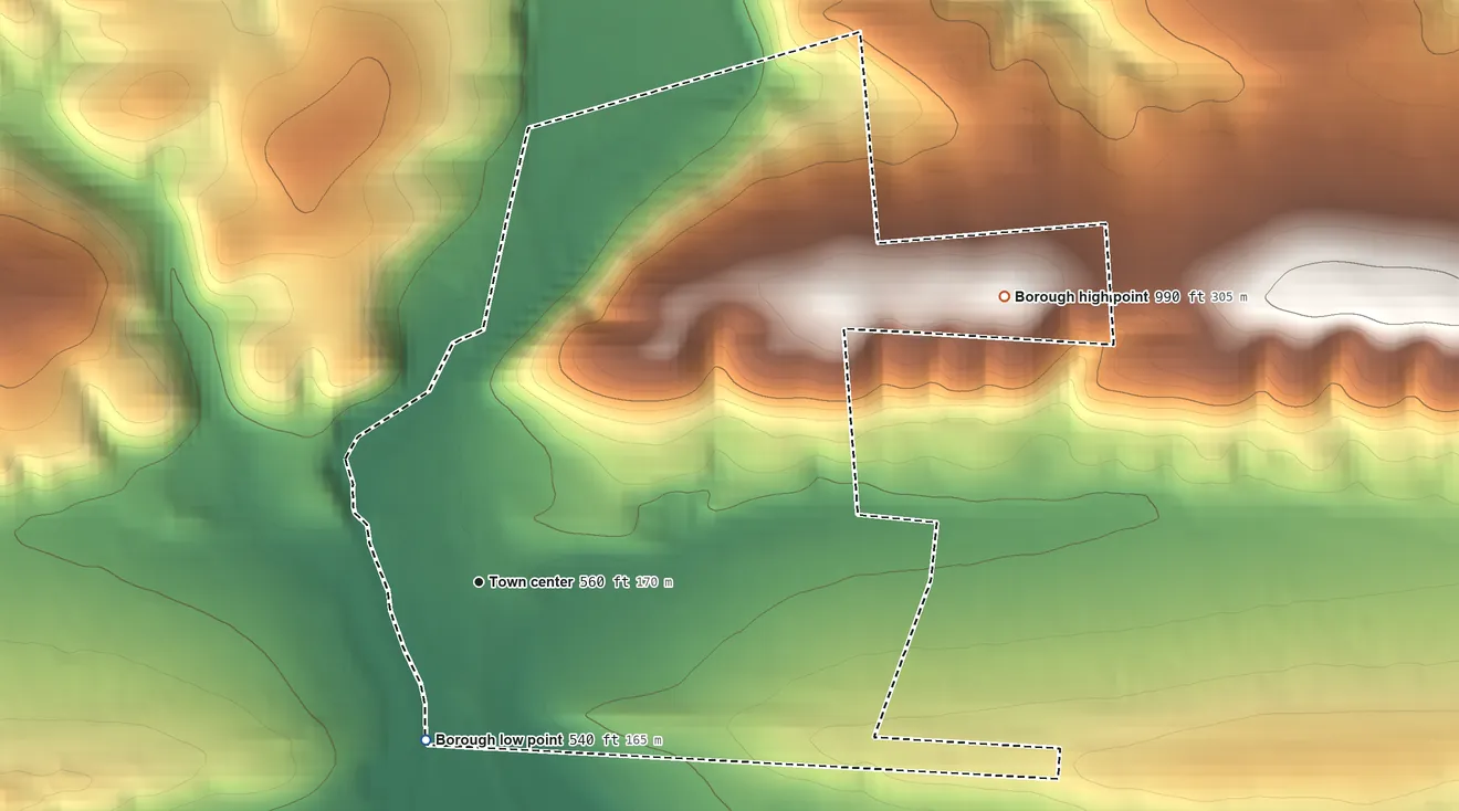 Topographic elevation map of New Ringgold, Pennsylvania, shaded from 540 ft on the south side to 990 ft on the northeast side