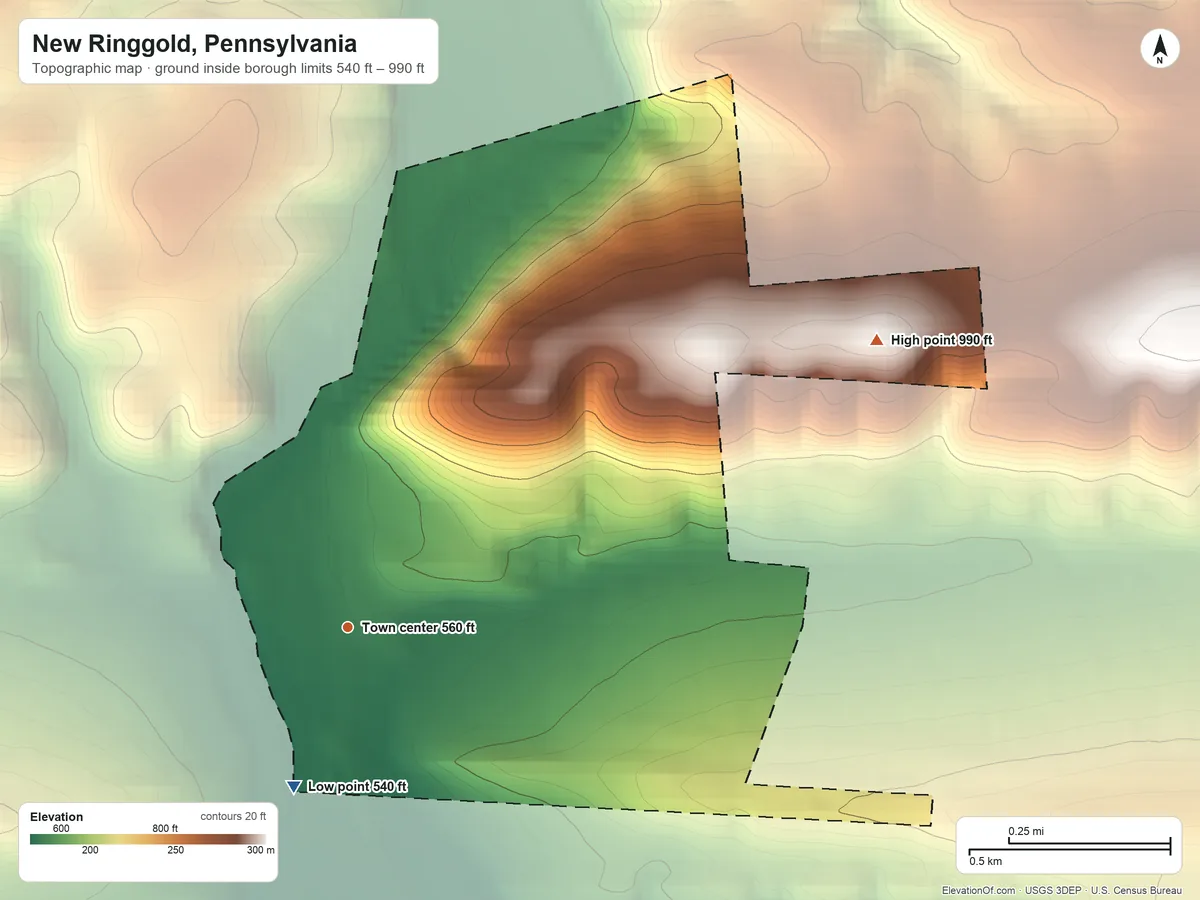 Topographic elevation map of New Ringgold, Pennsylvania, shaded from 540 ft on the south side to 990 ft on the northeast side