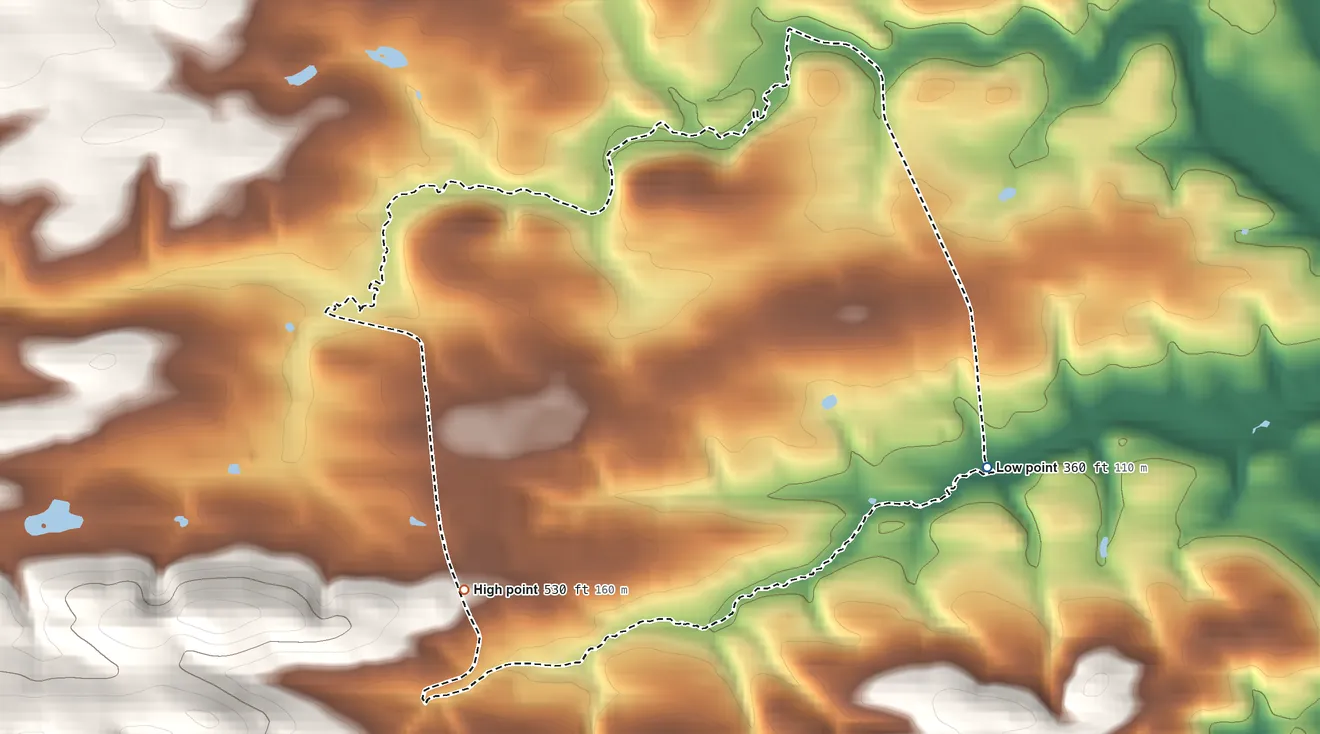 Topographic elevation map of New Schaefferstown, Pennsylvania, shaded from 360 ft on the east side to 530 ft on the southwest side