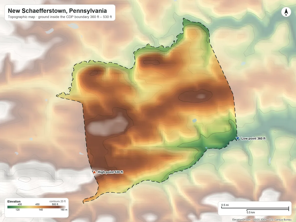 Topographic elevation map of New Schaefferstown, Pennsylvania, shaded from 360 ft on the east side to 530 ft on the southwest side