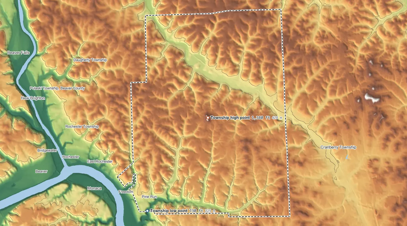 Topographic elevation map of New Sewickley Township, Pennsylvania, shaded from 730 ft on the southwest side to 1,380 ft on Big Knob