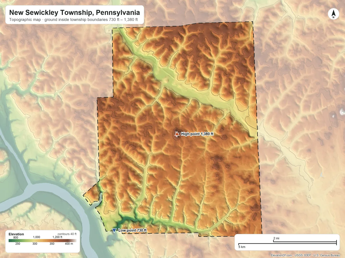 Topographic elevation map of New Sewickley Township, Pennsylvania, shaded from 730 ft on the southwest side to 1,380 ft on Big Knob