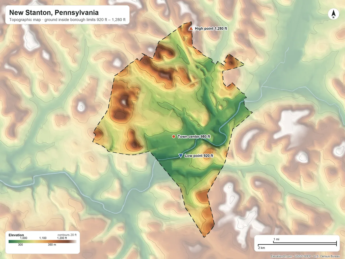 Topographic elevation map of New Stanton, Pennsylvania, shaded from 920 ft near the middle to 1,280 ft on the north side