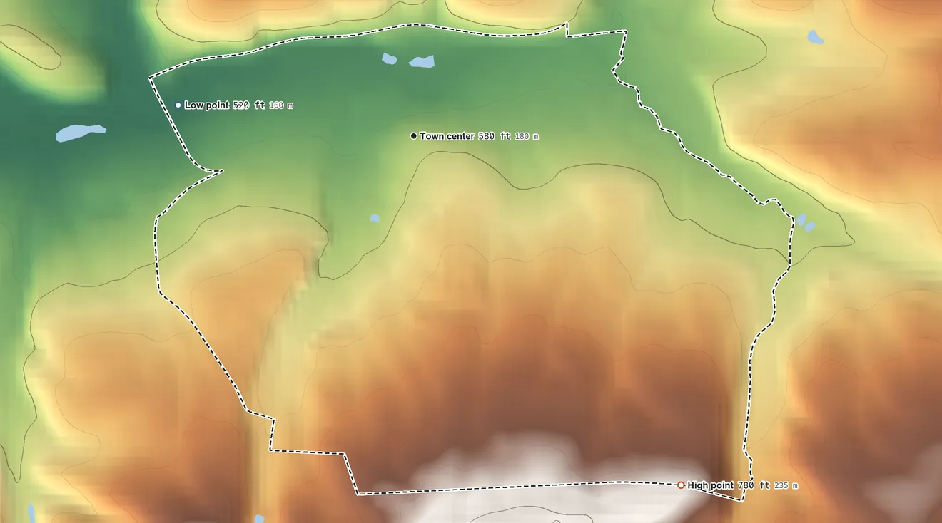 Topographic elevation map of New Tripoli, Pennsylvania, shaded from 520 ft on the west side to 780 ft on the southeast side
