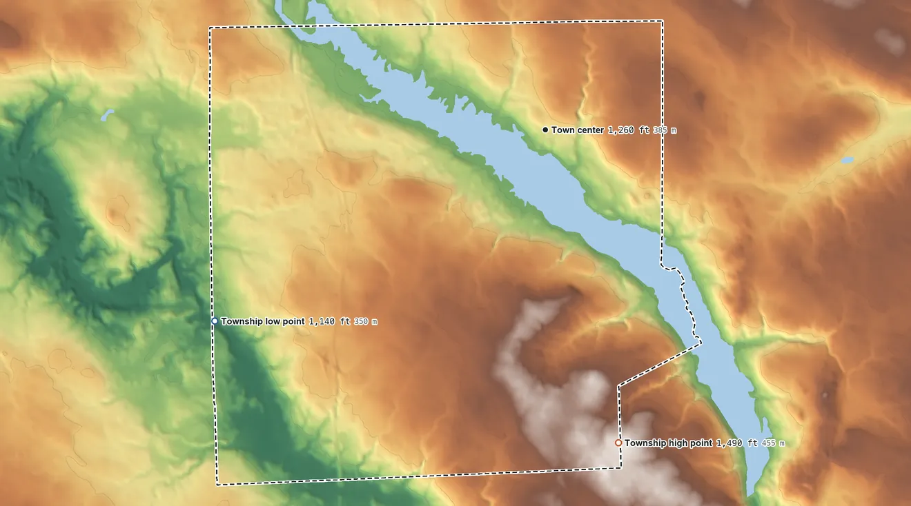 Topographic elevation map of New Vernon Township, Pennsylvania, shaded from 1,140 ft on the southwest side to 1,490 ft on the south side