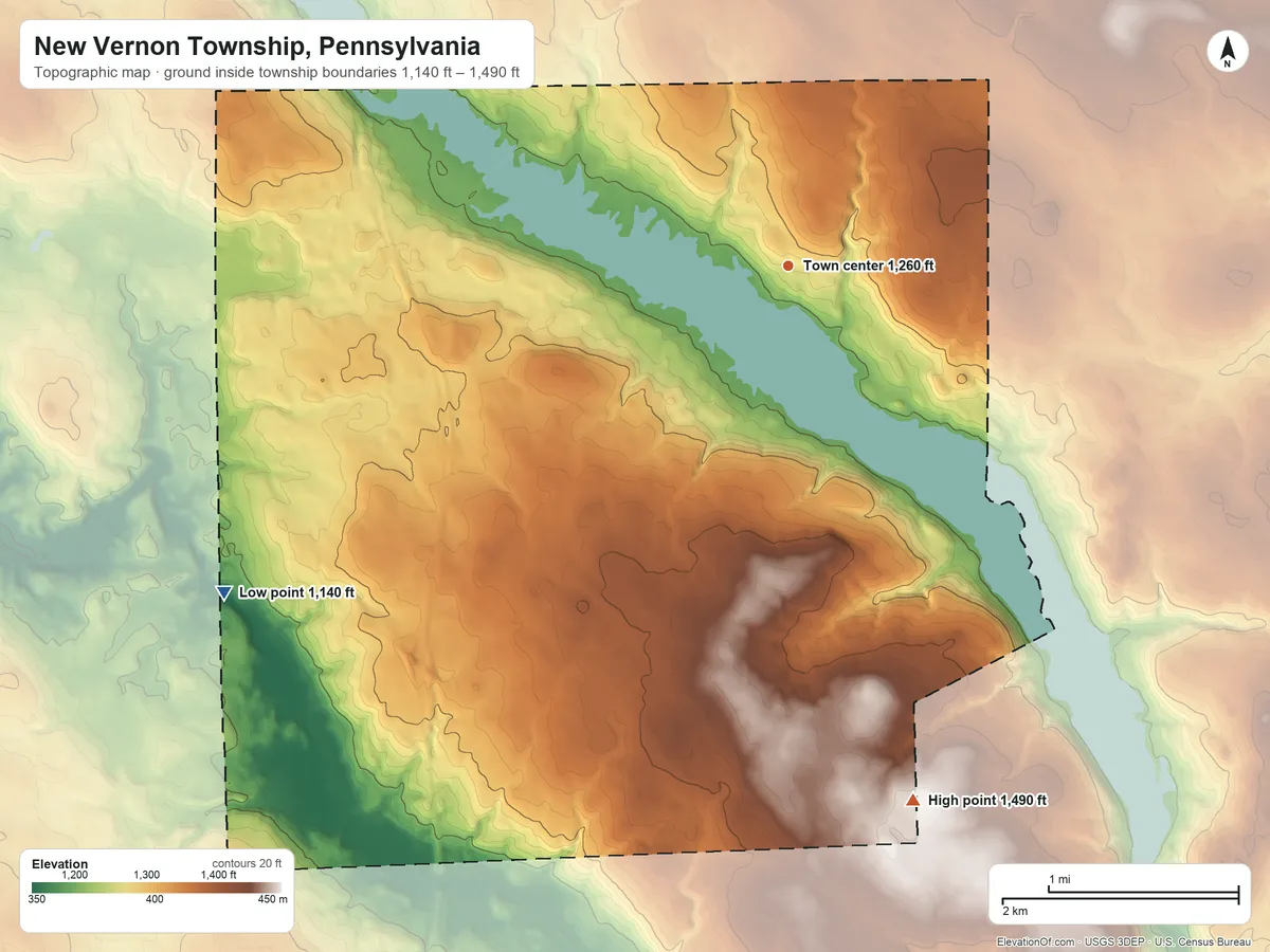 Topographic elevation map of New Vernon Township, Pennsylvania, shaded from 1,140 ft on the southwest side to 1,490 ft on the south side