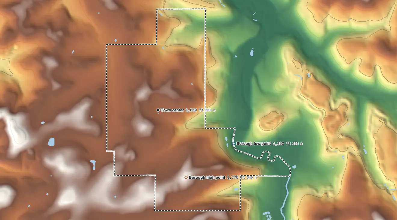 Topographic elevation map of New Washington, Pennsylvania, shaded from 1,300 ft on the southeast side to 1,770 ft on the south side